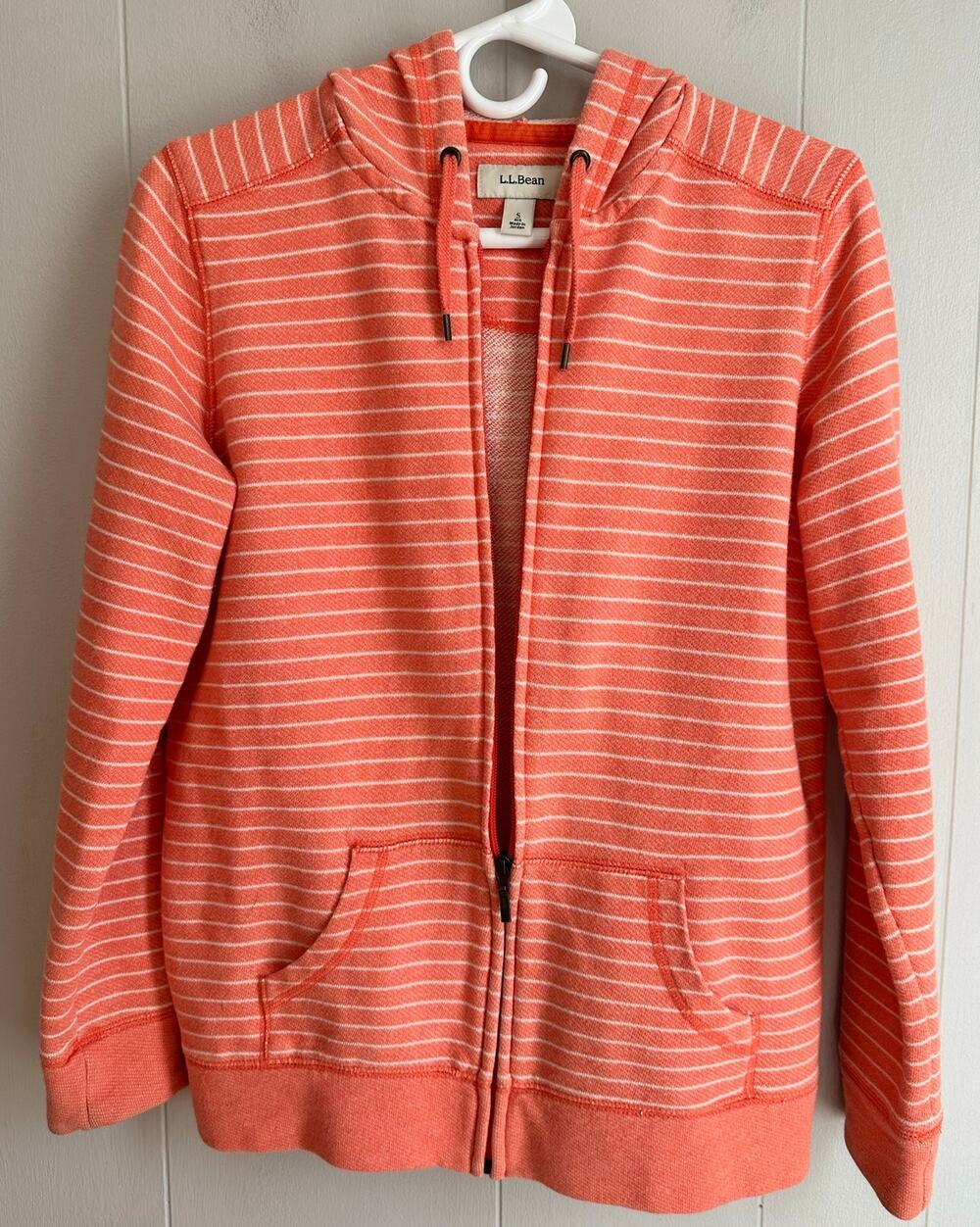 L.L. Bean Full Zip Up Hoodie Sweatshirt, 70% Cotton, Striped Coral, Womens Sz S